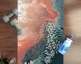 May include: A yoga mat with a colorful abstract design featuring swirling patterns in shades of blue, green, orange, and pink. The mat is lying on a wooden floor with a water bottle and two dumbbells.