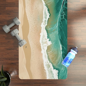 Majestic Top-Down View of a Long and Winding Beach with Large Waves, Summer Seascape, Custom Yoga Mat
