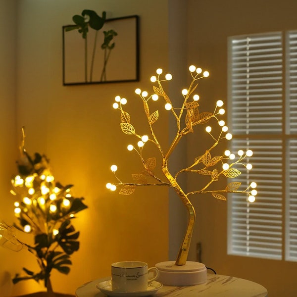 Lampe d'arbre de table veilleuse, plante LED blanc chaud. Batterie ou USB pour chambre, bureau, salon. belle décoration naturelle de la maison.