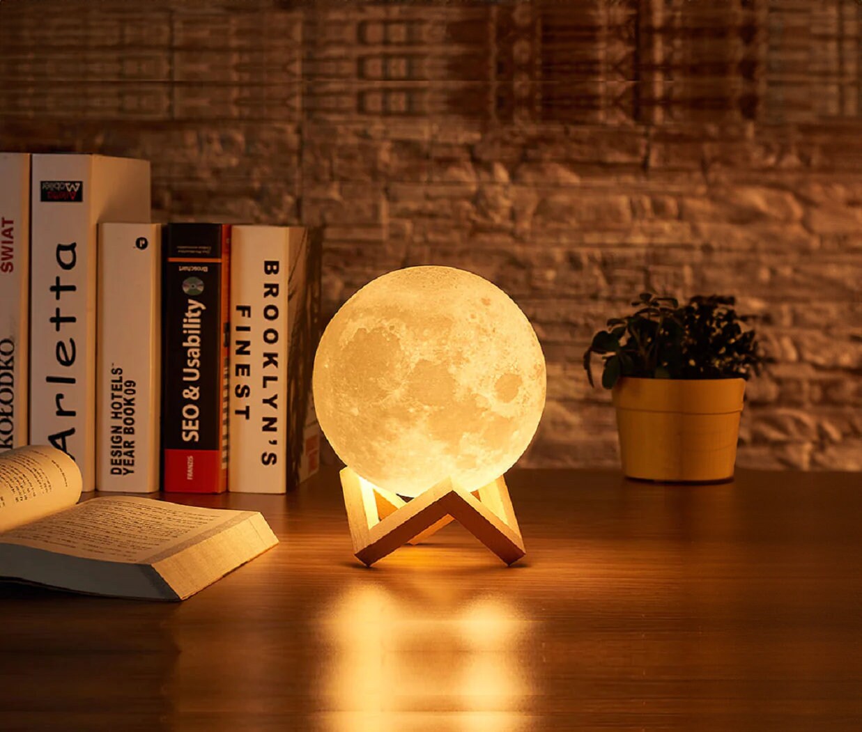 Led Moon Night Light Lamp With Handmade Wooden Stand. Office Lamp