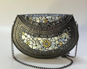 Metal mosaic box clutch