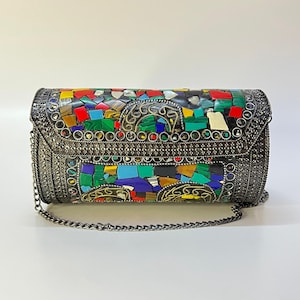 Ethnic mosaic metal clutch