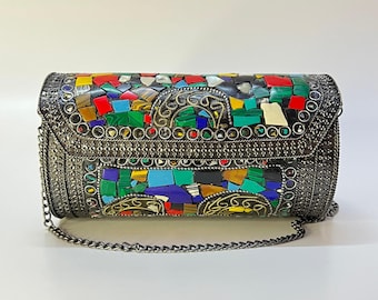 Ethnic mosaic metal clutch