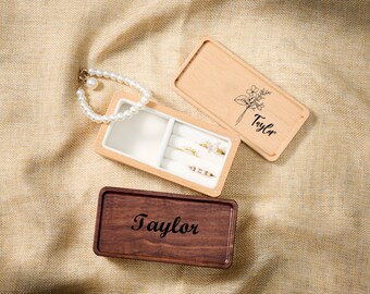 Joyero grabado personalizado, joyero, organizador de joyas de madera, joyero personalizado, estuche de joyería de viaje para mujeres, regalo de dama de honor