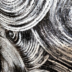 May include: Abstract artwork featuring a close-up view of textured, swirling patterns. The design uses a palette of black, white, and gray, with thick brushstrokes creating a sense of depth and movement. The artwork's focus is on the interplay of light and shadow.
