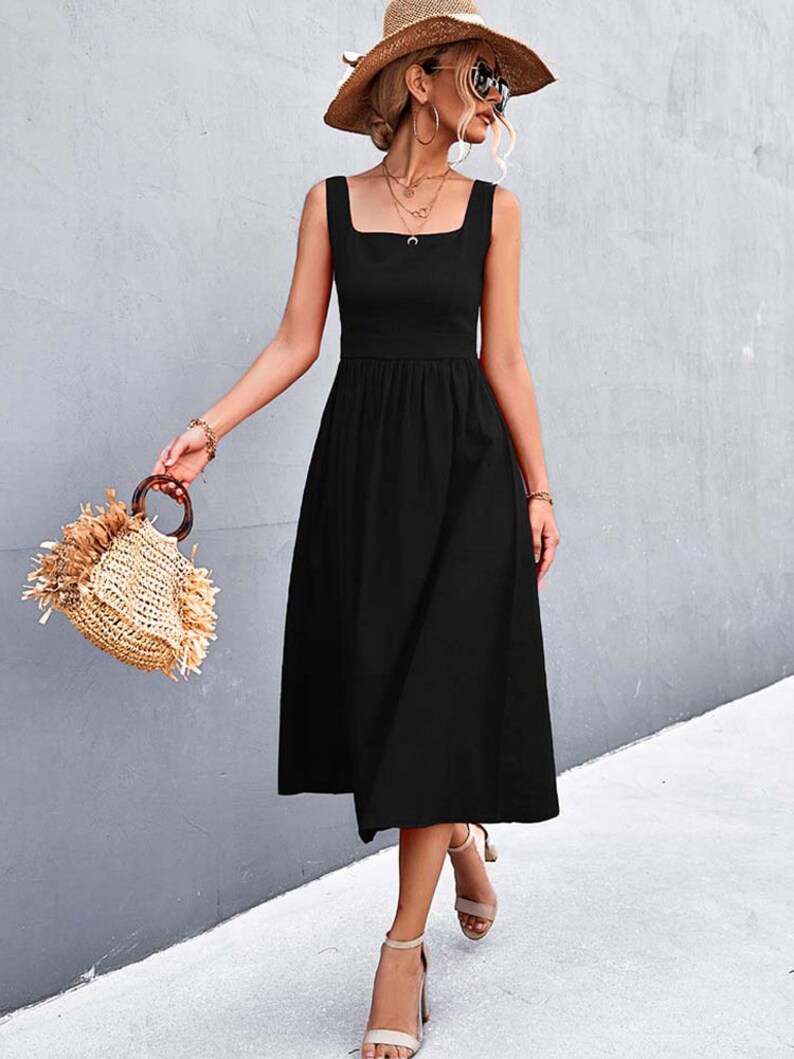 Minimalist Sleeveless A Line Midi Dress Summer Vacation Beach Black