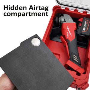 May include: A red and black power tool with a battery pack inside a red case. The case has a hidden AirTag compartment. The text "Hidden AirTag compartment" is visible.