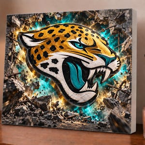 May include: A rectangular canvas print featuring a stylized jaguar head with yellow, black, and teal accents. The jaguar appears to be bursting through a dark, crumbling brick wall with glowing teal light and debris surrounding the central figure.