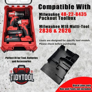 May include: Red tool case with red and black power tools and batteries. A black tool organizer is shown next to the case. Text on the image reads "Compatible With Milwaukee Packout Toolbox" and "Perfect fit for Tool, Batteries and Accessories."