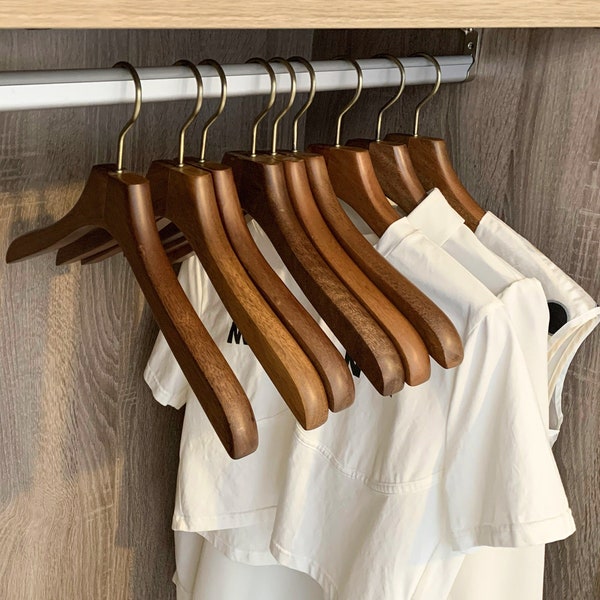 Handcrafted Olive Wood Coat Hanger , Solid Wood Non-Slip Traceless Hanger for Wardrobe, Wooden Hanger with Bar