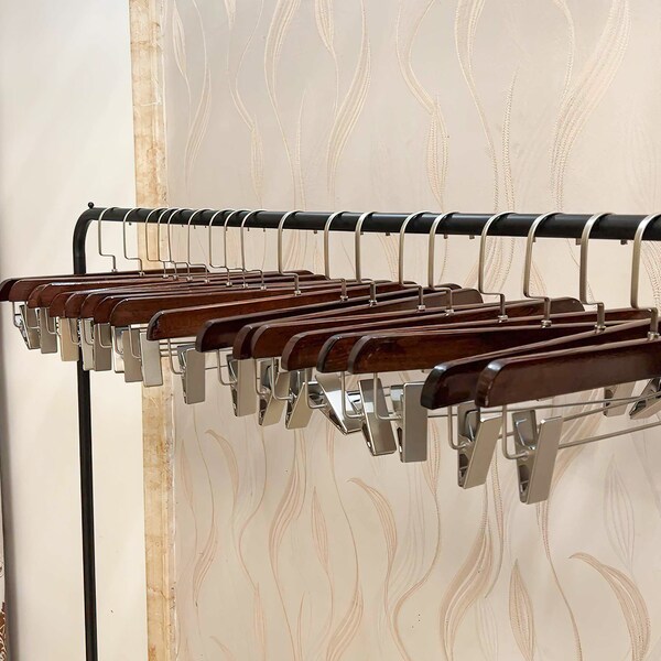 5/10 PCS Natural  Wood Pants Hangers, Wood Bottom Jeans Skirt Hanger with Adjustable Metal Clips