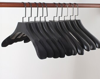 Luxury Matte Black Wide-Shoulder Wooden Hangers, Anti-Slip Coat Hangers for Premium Suit and Coat, Premium Wardrobe Storage