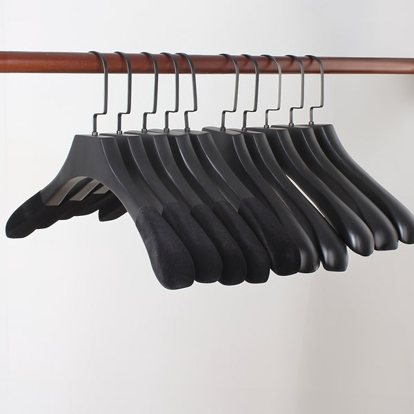 Luxury Matte Black Wide-Shoulder Wooden Hangers, Anti-Slip Coat Hangers for Premium Suit and Coat, Premium Wardrobe Storage