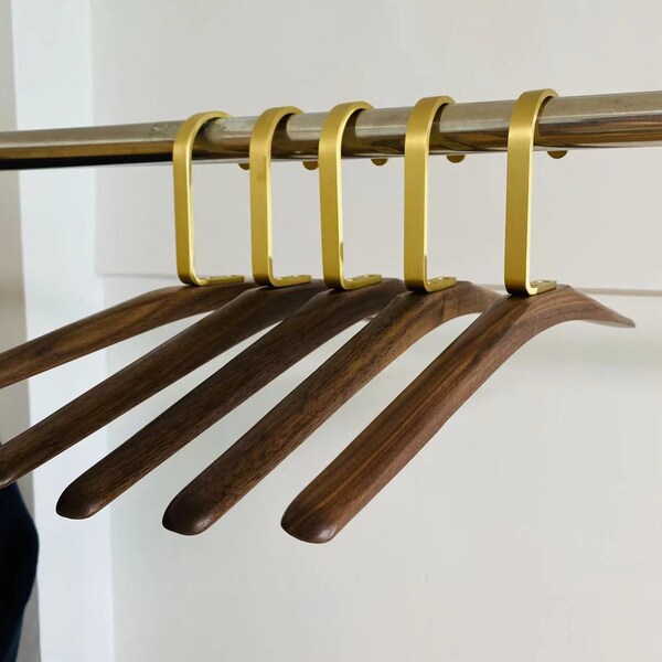 Handcrafted Solid Wood Hanger, Black Walnut Wood Hanger with Brass Hooks,  Non-Slip Traceless Hanger, Modern Home Decor, Elegant Coat Rack