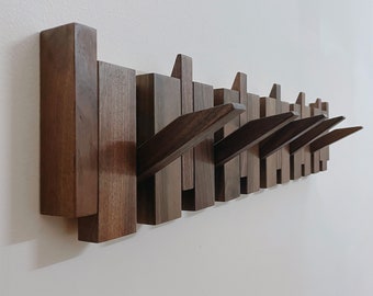 Wooden Coat Rack ,Wall Mounted Sticks Multi Rack Solid Walnut Wood Artwork with  Flip-Down Unique Modern Hooks