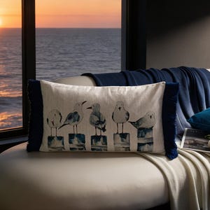 Seagull Throw Pillow: Nautical Coastal Cushion with Blue Fringe