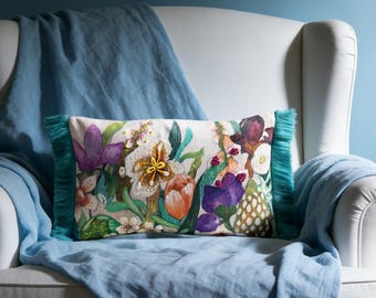 Embroidered Floral Lumbar Pillow Cover with Tassel Fringe – Chenille Sofa Accent