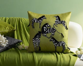Green Zebra Velvet Pillow Cover 18x18 Inch, Modern Sofa Cushion Accent Home Decor