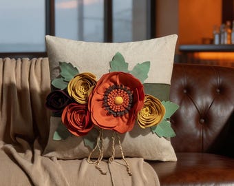 3D Floral Throw Pillow Cover, Rustic Farmhouse Linen Blend Accent Cushion