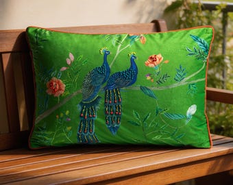 Embroidered Peacock Lumbar Pillow Cover, Tropical Bird Chenille Accent Cushion (14x20 Inch)