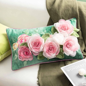 Spring Rose Pillow 12x20 Watercolor Floral Decorative Cushion Chenille Elegant Sofa Lumbar Accent Pillow