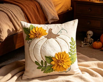 White Pumpkin Sunflower Pillow Cover, 3D Applique Autumn Farmhouse Cushion 18x18 Inch