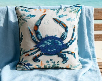 Blue Crab Embroidered Throw Pillow Cover 18x18 Inch, Coastal Ocean Cushion with Tufted Texture, Beach House Decor Accent
