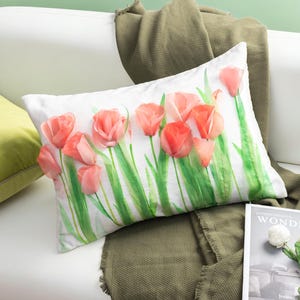 Spring Tulip Pillow 14x20 Floral Decorative Cushion Chenille Flower Nature Inspired Sofa Decor Pillow