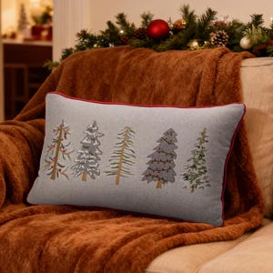 Five Christmas Trees Embroidered Pillow Cover, 12x20" Rectangular Holiday Cushion Festive Winter Decor Throw Pillow for Sofa Couch Bedroom
