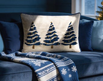 Embroidered Blue Christmas Trees Pillow, Rustic Gold Bells Holiday Cushion