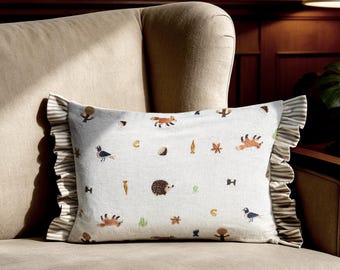 Embroidered Woodland Animal Pillow, Autumn Forest Decor Cushion, Rustic Cottage Style Accent Pillow, Cozy Fall Home Decor, Nature Lover Gift