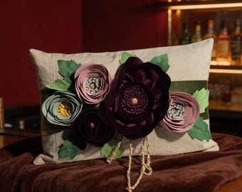 3D Floral Lumbar Pillow Cover, Burgundy Applique Cushion, Linen Blend Throw Pillow