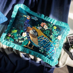 Blue Peacock Lumbar Pillow Cover Decorative Rectangle Throw Pillow with Tassel Fringe Boho Bird Cushion Floral Art Sofa Bed Home Decor