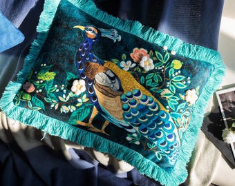 Blue Peacock Lumbar Pillow Cover with Tassel Fringe, Boho Floral Cushion (35x50cm)