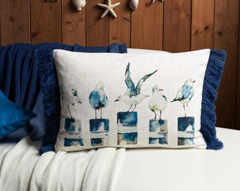 Seagull Coastal Throw Pillow Cover, Watercolor Beach House Cushion with Tassels