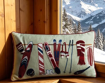 Embroidered Ski Equipment Lumbar Pillow Cover, Chenille Polyester Cushion, Winter Ski Decor