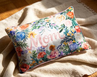 Embroidered Mom Floral Pillow Cover, Chenille Polyester Lumbar Cushion (14x20 Inch)