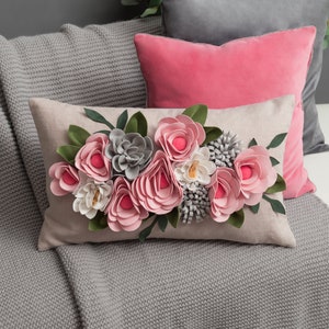 Pink Flower Lumbar Long Throw Pillow Cover 12x20, Home Decorative Bolster Accent Pillowcase, Colorful Cushion for Bed Couch Bedroom
