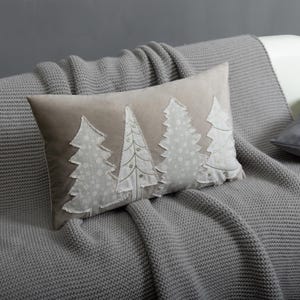 Cojín navideño con diseño de árbol de Navidad, 35 x 50 cm, terciopelo, gris suave, para sofá.