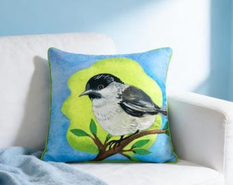Chenille Throw Pillow: Spring Bird Illustration, Nature Decor (18" x 18")