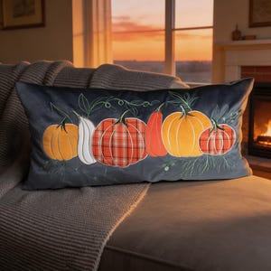 Embroidered Six Pumpkin Lumbar Pillow Cover, Velvet Fall Harvest Cushion (14x27.5 Inch)