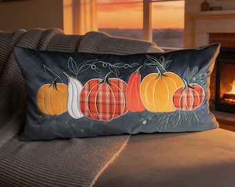 Embroidered Six Pumpkin Lumbar Pillow Cover, Velvet Fall Harvest Cushion (14x27.5 Inch)