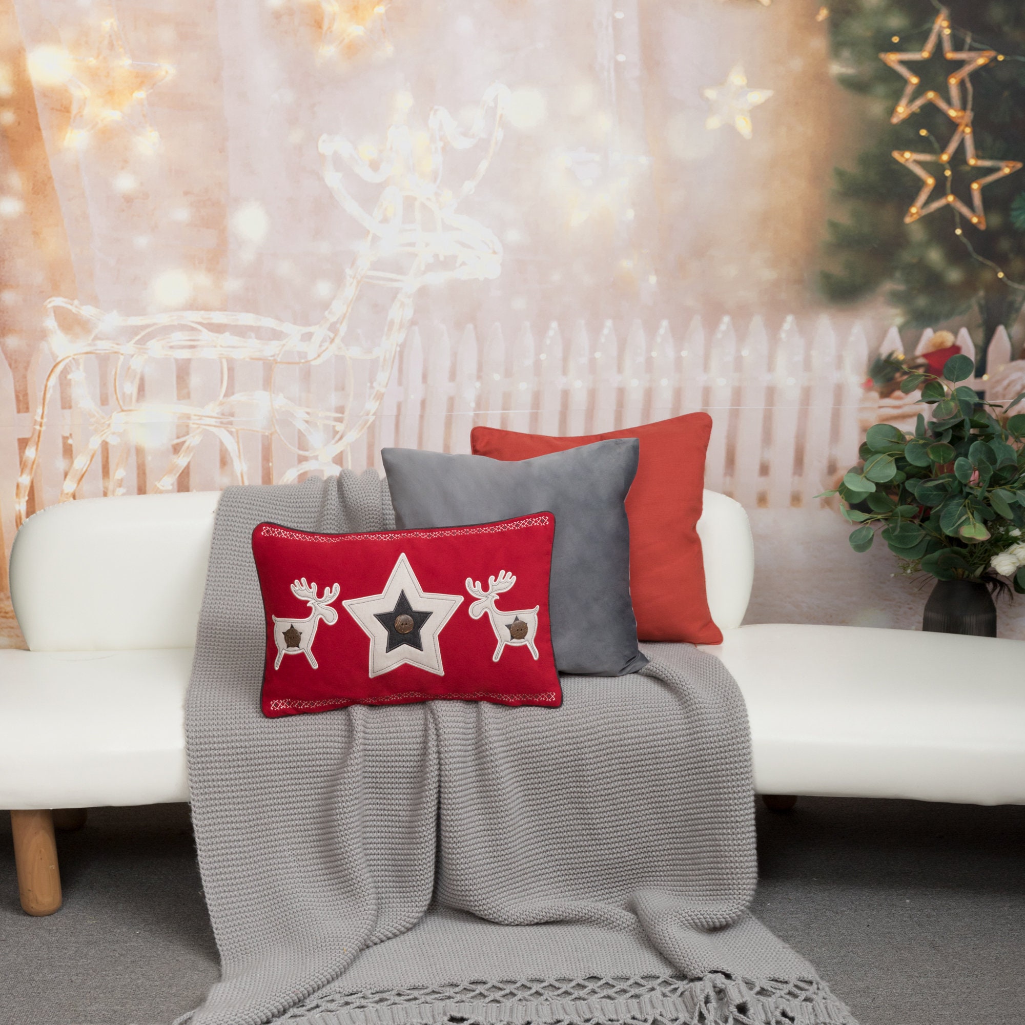 Federa Per Cuscino 40x40 Cm Beige Rosso Cotone Cervo Copricuscino Decorativo 8717459752320
