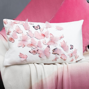 Butterfly Pink Lumbar Velvet Throw Pillow Cover, Long Bolster Decorative Accent Pillowcase, Cushion Cover for Couch Bed Valentines Day Gift