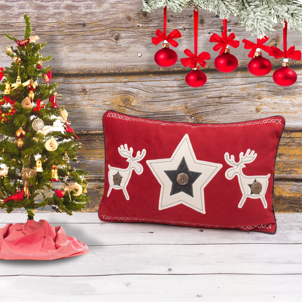 Federa Per Cuscino 40x40 Cm Con Ricamo Cervo Natalizio - Beige, Bianco E Rosso - Tovaglia Invernale