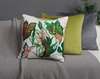 Colorful Embroidery Throw Pillow Cover 18x18, Unique Accent Pillow Covers Green Leaf Pillowcase Gift for outdoor bed couch farmhouse bedroom