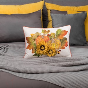 Funda de almohada lumbar de calabaza hecha a mano: Chenilla, decoración otoñal (30 x 50 cm)