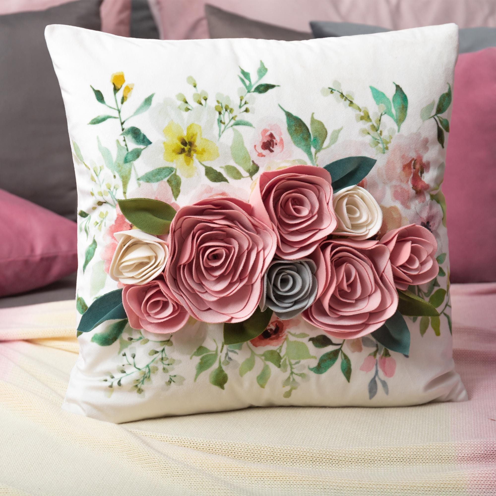 3Dフラワークッションカバー：ベルベットアクセントクッション、18 x