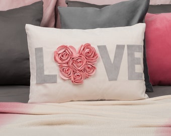 Valentine's day decor Pillowcase, Lumbar Long Bolster Throw Pillow Cover, 3D Heart Shaped Rose Flower Valentine Gift for Bed Sofa Home Decor