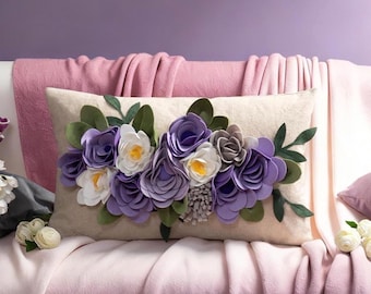 3D Floral Lumbar Pillow Cover: Handmade Purple Peach Blossom Felt Petals (12x20 Inch)